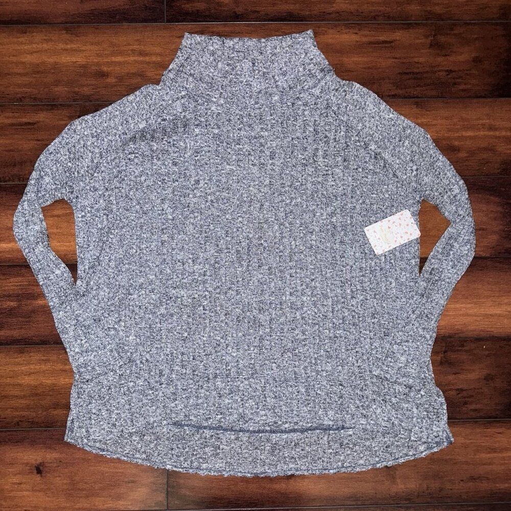 NWT Free People Blue White Mock Neck Distressed Relaxed Boho Sweater Women’s S